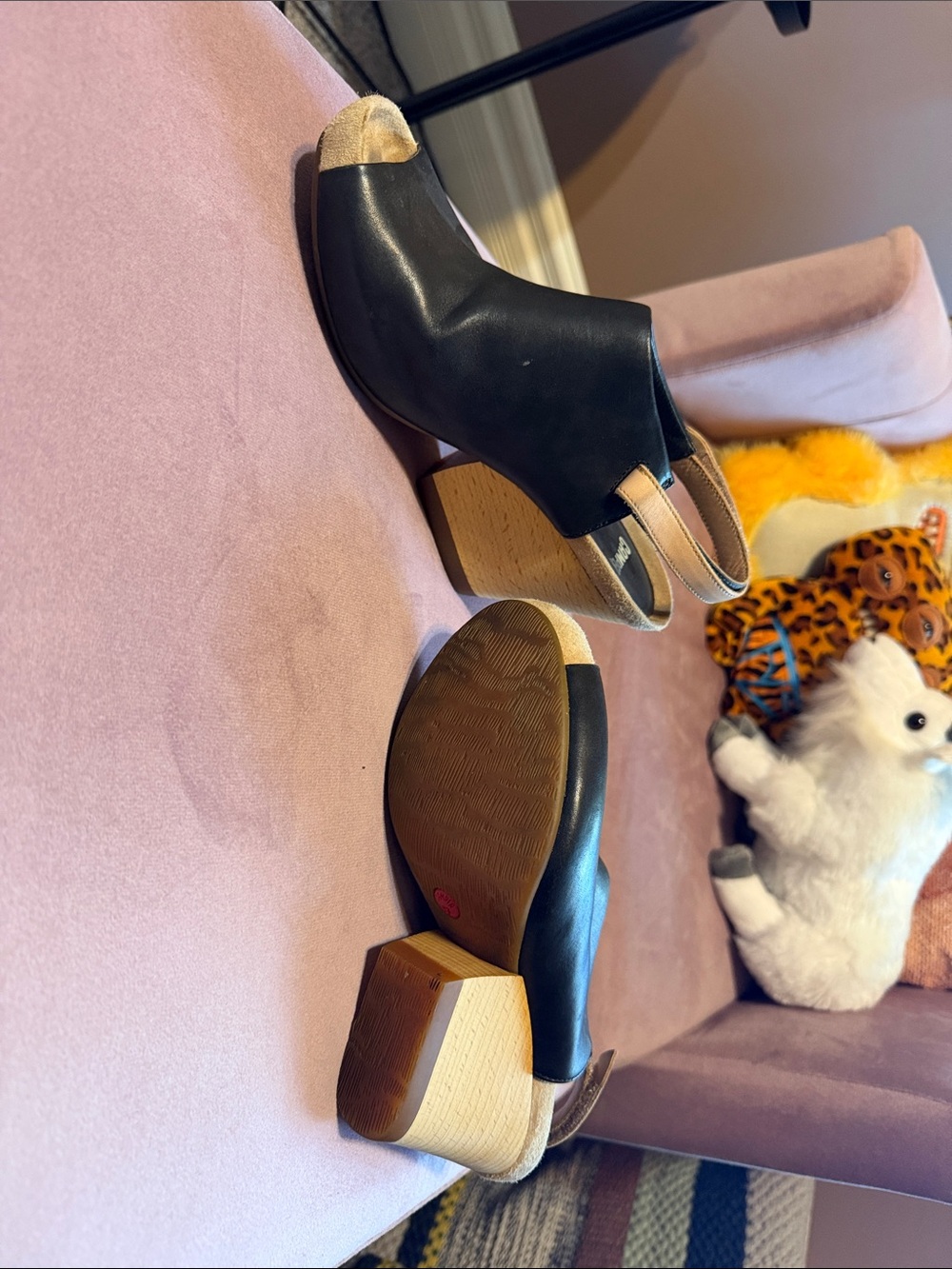 Camper Black Leather Open-Toe Slingback Mules with Tan Wood Heel
